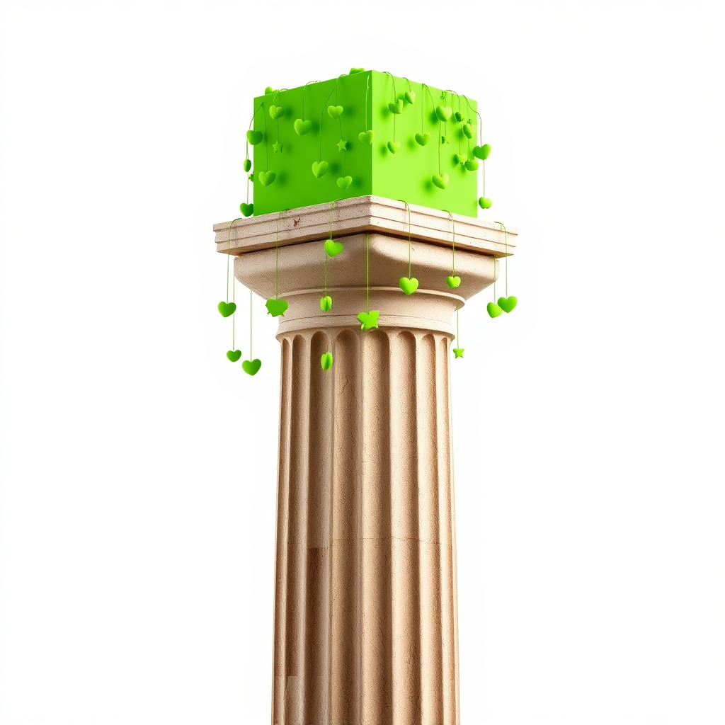 A photograph of an ancient Greek column with weathered, fluted details at the base. Atop the column sits a vibrant, green rectangular volume serving as the capital. Numerous cute, quirky green objects—such as small hearts, stars, and abstract shapes—hang from this rectangular volume, creating a surreal contrast with the aged stone. The overall composition is minimalistic, blending an odd mix of ancient, cute, and weird elements.