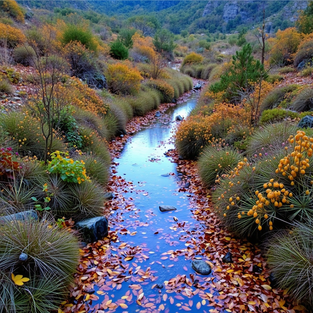 Autumn in the Mediterranean vegetation with a long stream.