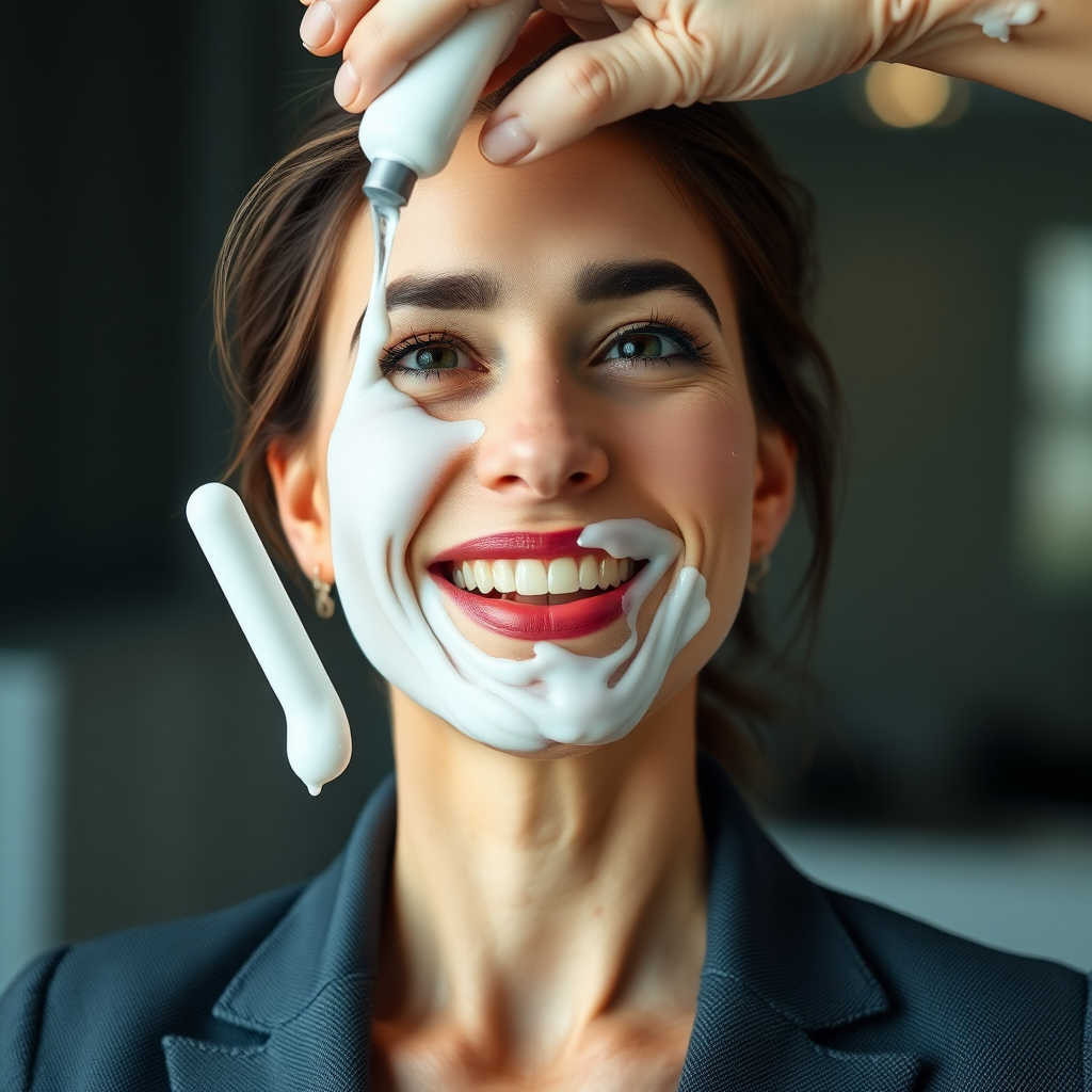 mature attractive business woman with 50 ml of white almost translucent slime being ejected on her face, she looks happy and smiling