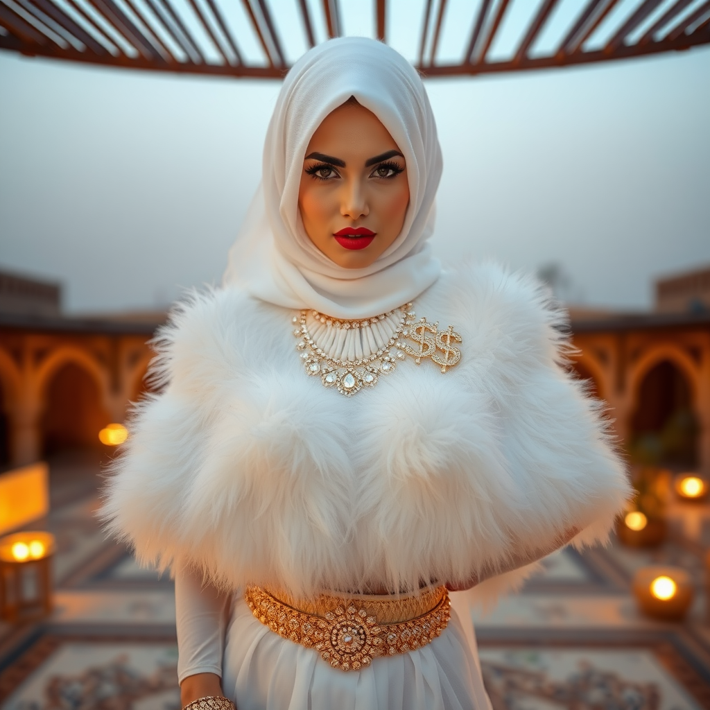 Kuwait desert palace harem patio misty dawn: Melissa, European 17 years old very convincing femboy “trophy-bimbo”, tamed servile docile, very beautiful feminine flawless face, rather short, by hormones very curvaceous womanly figured, bold red lips, heavily made-up face, wearing Supertanya-style fluffy very fuzzy bright white angora turtleneck-poncho cropped ending under bust decorated with pearls and gemstones, striking oriental wide gold bridal protection belt, white fully transparent harem pants, full Oriental bridal jewelry, face covered by white sheer full Burka, coin anklets, striking diamond “$$$” letter brooch on left chest, pout frustrated, seductively dancing hands over her head, looking at camera. Focus on face and turtleneck-poncho.