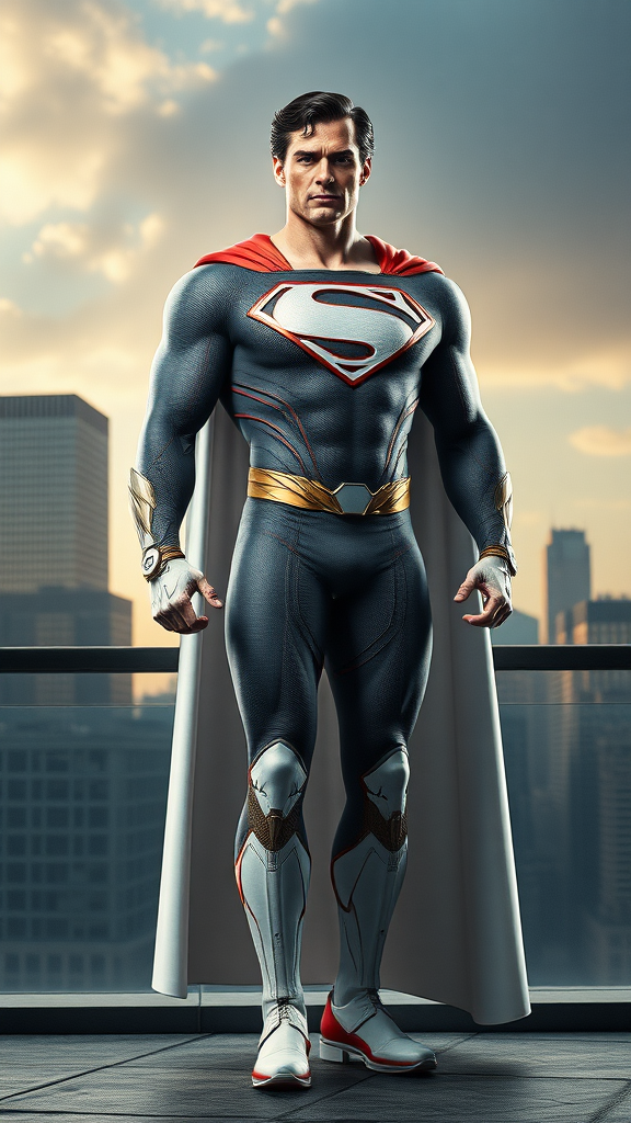 Generate a full-length image of Superman with Emma Frost's body type, while keeping Superman's head intact. Modify the body anatomy to reflect Emma Frost’s physique. Incorporate elements of Emma Frost's costume, such as her iconic white attire and accessories, into Superman's outfit. The background should be a fitting setting that complements both characters, blending superheroic and chic elements—perhaps a cityscape with touches of luxury. Ensure the image captures the essence of both characters while harmonizing their distinct styles.