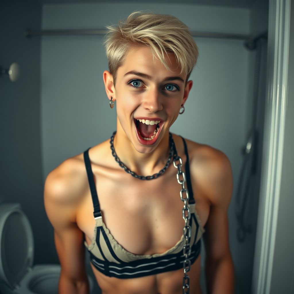 photorealistic, ultra high resolution, 16K, surreal fantasy, studio lighting, a pretty 16 year old goth boy, slim male physique, short blonde hair, goth makeup, earrings, spiky chain and leash, handcuffs, trainer-bra, pantyhose, white ballet shoes, in the bathroom, excited open mouth smile, facing the camera,