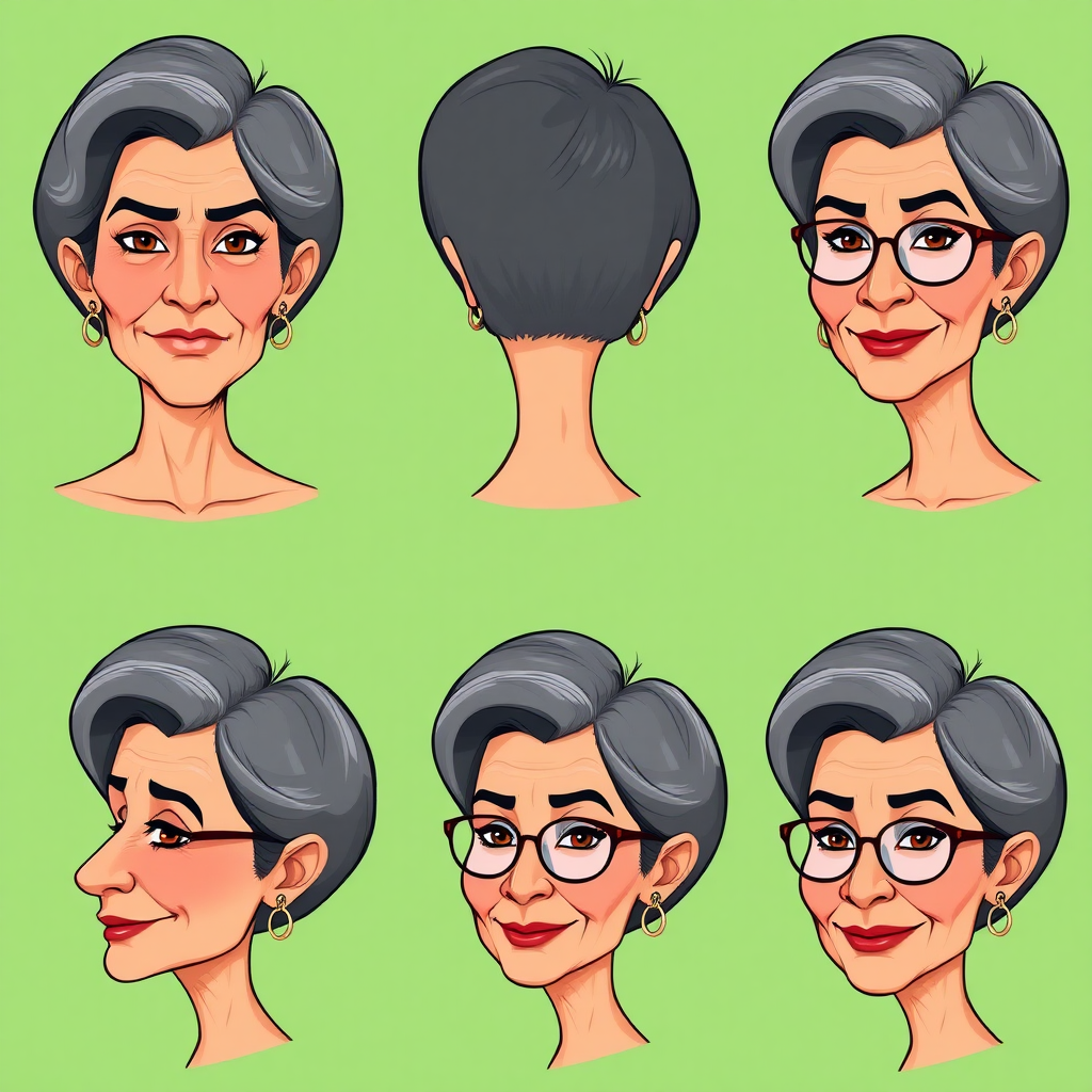 Photorealistic image of six headshots of a 50 Years old, fit, European, Latina, sharp aquiline nose, wrinkles, high cheekbones, Middle Eastern, Skinny, Tanned skin, Dark light skin, full Makeup, jewelry, Sharp nose, frowning, exaggerated cartoon emotions, lascive smile, dark grey Ash hair, short bowl haircut, Brown eye color, half closed eyes, round Glasses, with detailed features. Each photo displays the same face in back, profile and front view, cut out and isolated on a green background. consistent features, All six heads are visible side by side, empty space around each view, no overlapping. 2D, caricature, cartoon, Sketch lines, coloring book style, well composed, clean coloring book page, No dither, no gradient, strong outline, vector illustration