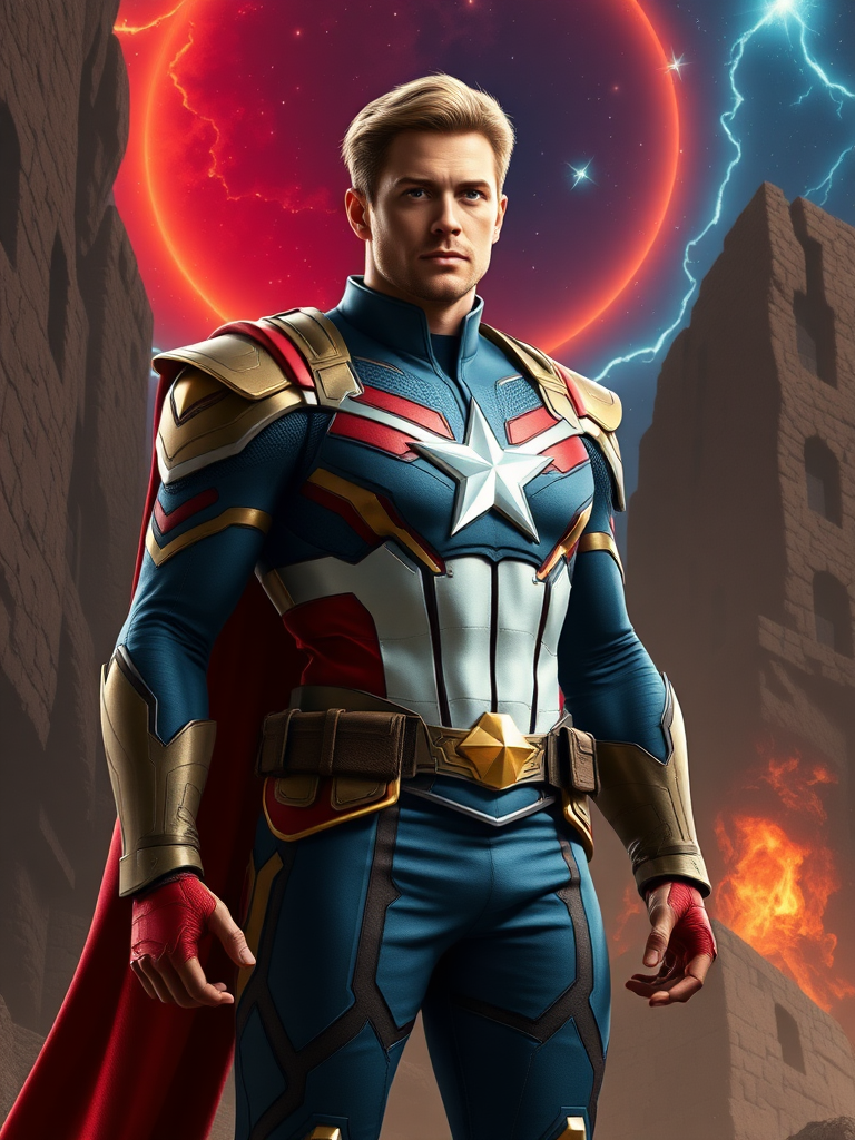 Create a full-length photorealistic render of Steve Rogers maintaining his head but using the female body structure and silhouette of She-Ra. Retain and modify his character costume to fit the new body. Design the background as a fusion of both Steve Rogers' and She-Ra’s worlds, combining elements that represent their unique environments to form a cohesive scene.