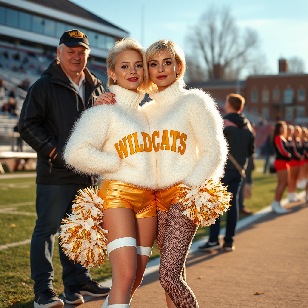 Sunny cold fall noon, college football stadium game, cheerleaders leader squat: Ana, European 17 years old very convincing femboy “QB’s trophy-bimbo”, tamed servile docile, very beautiful feminine flawless face, rather short boyish figure, platinum blond short tight curls, bold red lips, heavily made-up face, fluffy very fuzzy bright white plushy hazy thick angora turtleneck-sweater with “gold “WILDCATS” letters, vinyl gold short shorts, mesh pantyhose, white vinyl thigh-high boots with golden heels, large gold-white pompoms, pearl earrings, standing, shoulders slightly arched back to present her assets, posing for photo with Hank: older tall overweight male football coach, wearing college football coach outfit, triumphant smile, nimbly patting Ana. Jealously watching from behind: very angry wildcat’s QB.