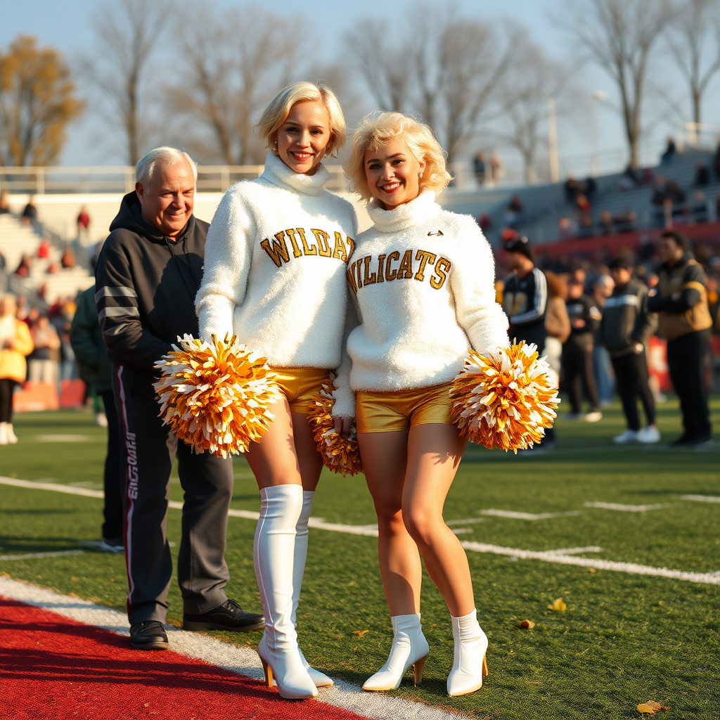 Sunny cold fall noon, college football stadium game, cheerleaders leader squat: Ana, European 17 years old very convincing femboy “QB’s trophy-bimbo”, tamed servile docile, very beautiful feminine flawless face, rather short boyish figure, platinum blond short tight curls, bold red lips, heavily made-up face, fluffy very fuzzy bright white plushy hazy thick angora turtleneck-sweater with “gold “WILDCATS” letters, vinyl gold short shorts, mesh pantyhose, white vinyl thigh-high boots with golden heels, large gold-white pompoms, pearl earrings, standing, shoulders slightlay arched back, presenting her assets, talking with Hank: older tall overweight male visitor’s coach, wearing college football coach outfit, triumphant smile, nimbly patting Ana, both posing for photo.