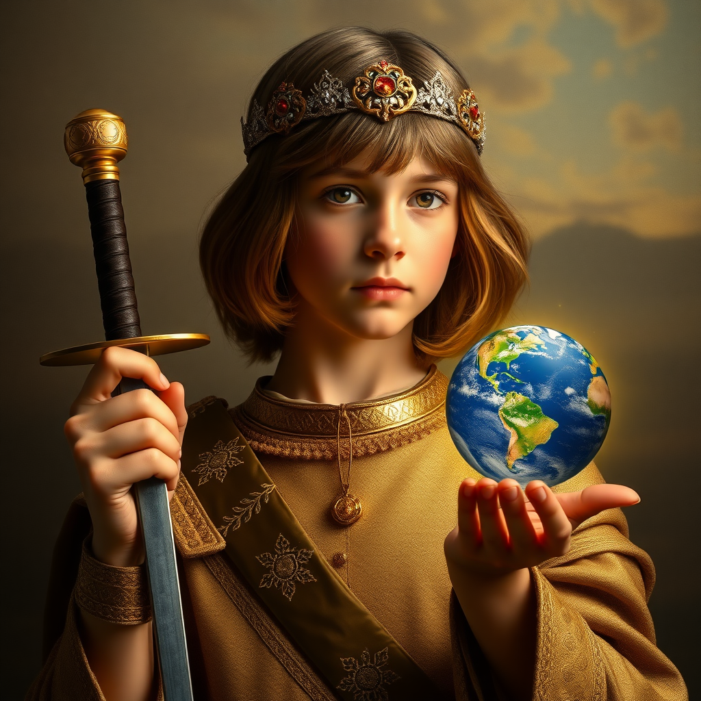 16yo teen boy Scout Prince in the image of the Savior, long bob cut, embroidered with gold and diamonds medieval cloths, diamond diadem, natural Skin Texture, visualization of embossed Skin using the play of light and shadow. The Scout Prince's left hand holds his one small sword in its scabbard by the hilt. The Scout Prince's right hand holds an one small round glowing Earth with oceans and continents the size of soccer balls ready to explode. Free style by 50% Adolphe William Bouguereau and 15% Sandro Botticelli and 35% Otto Lomüller, The background is in the style of landscape style by Antonio del Polaiolo. Studio lighting, professional lighting. Generating the signature at the bottom: FluxBach. 16yo teen boy Scout Prince, the image of the Savior, left hand, holds, the hilt, sword small sword, in a scabbard,right hand,holds,a small round glowing ball, the size of a soccer ball, ultra high resolution, 16K,ultra detailed photograph,'lightgoldenrodyellow'