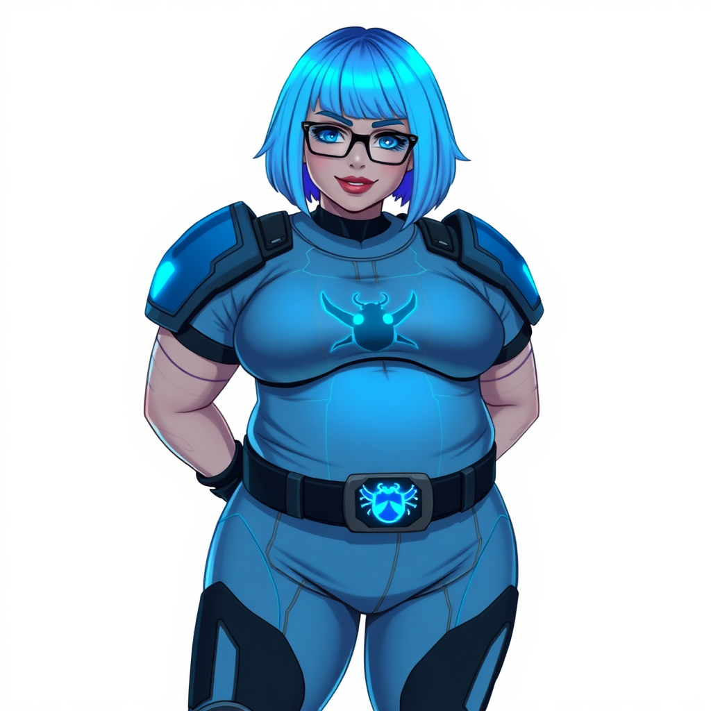 A 28-year-old, full-figured, middle gray-skinned computer program hybrid with a striking maximum blue bob cut. She has a non-athletic build, highlighted by a prominent, round, gigantic midsection (with heavy emphasis on her belly) that showcases the results of her pampering. As the cherished digital sidekick to her cyberpunk vigilante boyfriend, her middle gray metallic skin and maximum blue lipstick emphasize her digital essence. She dons a digital, computerized costume featuring a large, tight-fitting, maximum blue t-shirt with a neon blue glowing beetle icon on the chest, hi-tech shoulder pads with neon blue accents, a black hi-tech belt with a digital neon blue glowing beetle buckle, and digital maximum blue biker pants with neon blue accents. Her look is completed with black hi-tech fingerless biker gloves with neon blue glowing accents. Her neon blue glowing eyes, black eyeglasses with a neon blue glowing HUD built into the lenses, and a shy smile with neon red blush highlight her nerdy charm. She stands bashfully with her hands behind her back, her costume covering all her skin and emphasizing her full-figured physique, especially her belly. Despite her non-athletic build, she radiates beauty. Her slim face contrasts with her physique, accentuating her radiant beauty. She is depicted on a solid white background. She is drawn as if she were in a retro 2D cyberpunk fighting game.