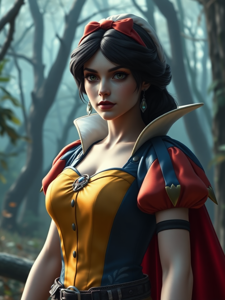 Create a full-length photorealistic render of Snow White, maintaining her head and facial features but using the body type of Solid Snake. Adjust her costume to fit the new proportions while keeping the classic Snow White aesthetic. Modify the body structure and silhouette to reflect a male physique, ensuring a seamless blend of both characters' traits. The background should be an enchanting forest setting, appropriate for Snow White, with elements that resonate with Solid Snake's environment, creating a harmonious scene that combines both characters' worlds.