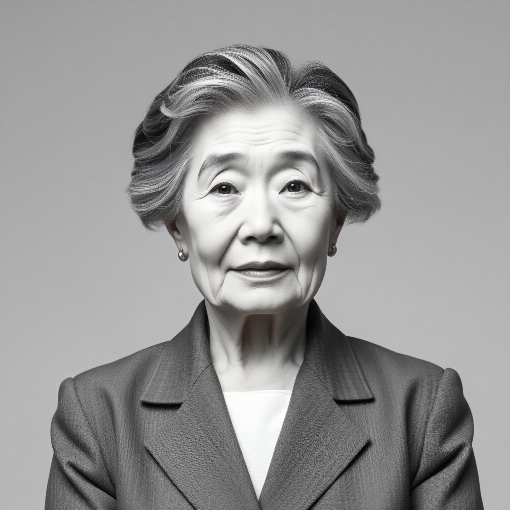 70 age old korean woman, front, woman suit, photo studio background, black and white hair