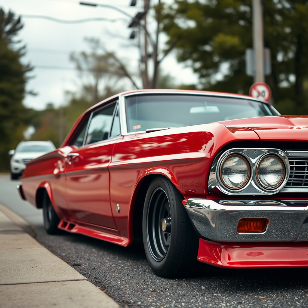 the drag car is parked on the side of the road, inspired by Taiyō Matsumoto, tumblr, restomod, nd4, c4 metallic shine candy red classic american low rider custom ford