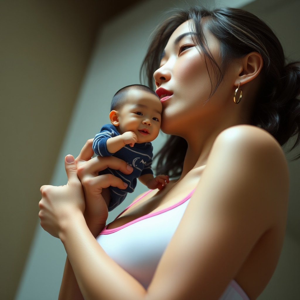 photo low angle wide shot Ayame Goriki wearing sports bra. She is holding a tiny man and licking him and looking at him