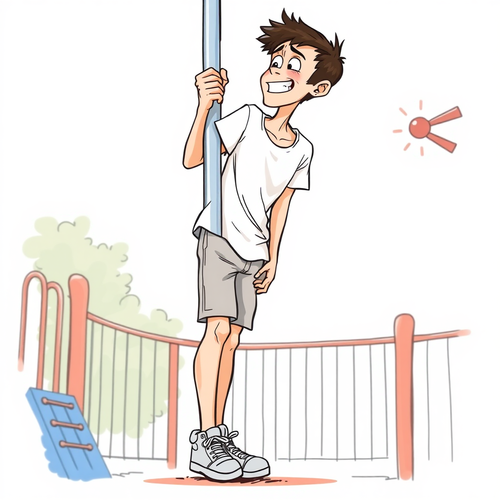 nervous short 20 year old european skinny man, short white t-shirt, standing, stunned, mesmerized, joyful, heavy drooling, heavy sweating, clinging, painfully climbing up a greased pole at the playground, side view, sneakers, detailed feet, 2D, caricature, cartoon, Sketch lines, coloring book, coloring book, colorfoul image,