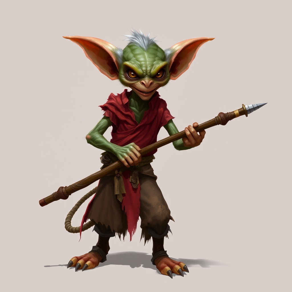 A small, skinny kobold in a tattered red tunic and dirty brown pants holding a quarterstaff in a threatening manner.