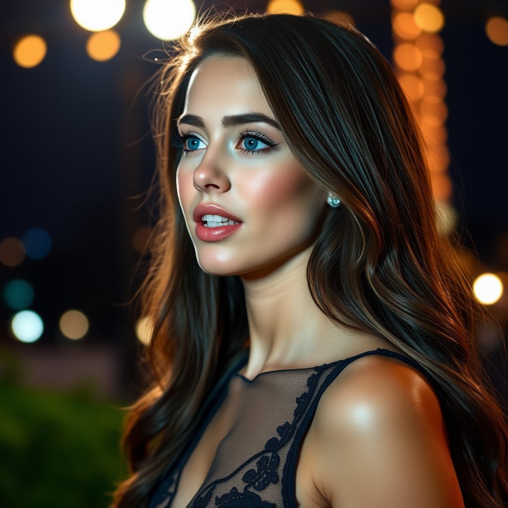 a young woman singing. long brunette hair with highlights, bright blue eyes. suntanned skin. small lips colored pale rose. looking to the side. wearing an elegant black dress with transparent lace. view from far. night sky in background. photo