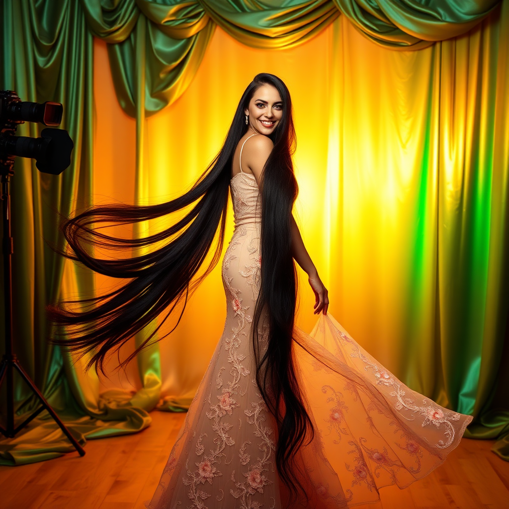 In a strikingly vibrant studio setting, the iconic Crystal Gayle, renowned for her mesmerizing long hair, poses elegantly against a backdrop adorned with shimmering silk drapes that cascade like waterfalls of rich emerald and sapphire. The soft, ambient lighting bathes her in a golden glow, accentuating the flowing, raven-black locks that cascade down her back like a silken curtain. Each strand, meticulously styled, catches the light, creating a mesmerizing halo effect around her.

Crystal's outfit is a stunning blend of vintage and contemporary fashion; she dons a floor-length gown made from delicate lace, intricately embroidered with floral patterns in soft pastels, hugging her figure while allowing her hair to steal the spotlight. As she playfully twirls, her hair sweeps through the air with an almost ethereal grace, creating an elegant dance of tendrils.

The atmosphere is charged with creativity, filled with a blend of anticipation and excitement as photographers adjust their lenses, capturing every moment of this glamorous shoot. The faint, sweet scent of floral perfume lingers in the air, mingling with the soft rustle of fabric as assistants bustle nearby, making final tweaks to ensure every detail is flawless. Crystal’s confident smile radiates warmth, inviting viewers to join her in celebrating the alluring charm of her signature style and the enchanting appeal of long hair.