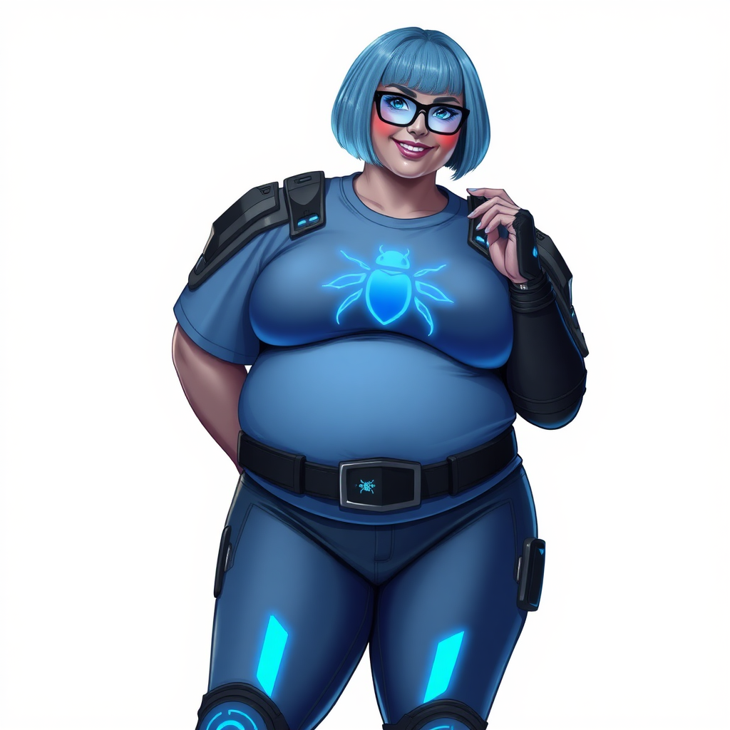 A 28-year-old, full-figured, middle gray (N5) skinned computer program hybrid with a maximum blue bob cut. She has a full-figured, non-athletic build, highlighted by a prominent, round, large midsection (with full emphasis on her large belly), which shows the effects of her new love of junk food acquired from her boyfriend. As the full-figured, nerdy, digital sidekick to her cyberpunk vigilante boyfriend, her metallic middle gray (N5) skin and maximum blue lipstick emphasize her digital nature. She wears a digital, computerized costume, consisting of a huge, tight-fitting, maximum blue t-shirt with a neon blue glowing chest icon of a beetle, hi-tech shoulder pads with neon blue accents, a black hi-tech belt with a maximum blue beetle digital buckle, digital maximum blue biker pants with neon blue accents, and black hi-tech biker gloves with neon blue glowing accents. Her neon blue glowing eyes, black eyeglasses with neon blue lenses equipped with a built-in HUD, and bashful smile with neon red blush accentuate her nerdiness. She stands bashfully with one hand behind her back and the other hand gently touching her cheek, her costume covering all her skin (including her large midsection) and heavily emphasizing her full-figured physique (especially her large belly). She is clearly non-athletic, with a full focus on her full-figured physique. Despite her full-figured build, she radiates beauty. She has a slim face compared to her physique, accentuating her radiant beauty. She is on a solid white background. She is drawn as if she were in a retro 2D cyberpunk fighting game. Ensure she has a metallic middle gray (N5) skin coloration.