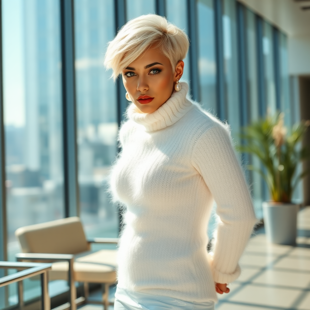 Sunny spring morning, modern glass-steel-concrete office: Ana, European 17 years old very convincing femboy “trophy-bimbo”, tamed servile docile, very beautiful feminine flawless face, rather short boyish figure, platinum blond short tight curls, bold red lips, heavily made-up face, wearing Supertanya-style chunky fluffy very fuzzy bright white plushy mohair figure-hugging turtleneck-knitdress with white pearl decoration, white vinyl thigh-high boots with golden heels, pearl earrings, serious, hands tied behind back, leaning forward presenting her assets, arrogantly looking at camera. Focus on face and knitdress.