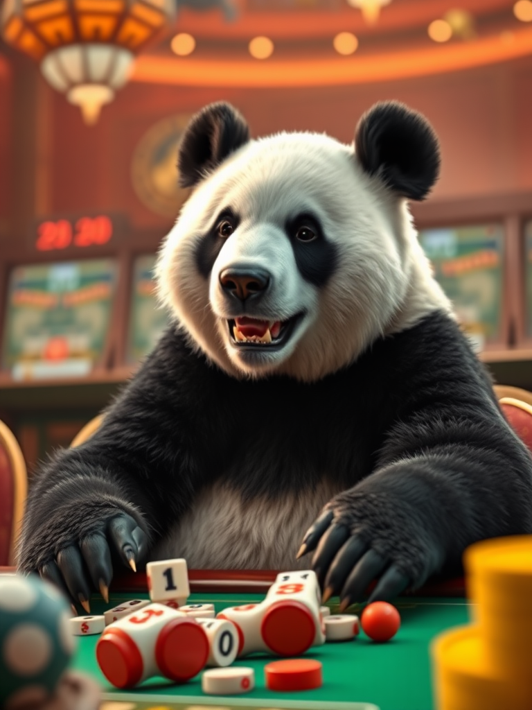 A panda bear playing a game of craps and winning.