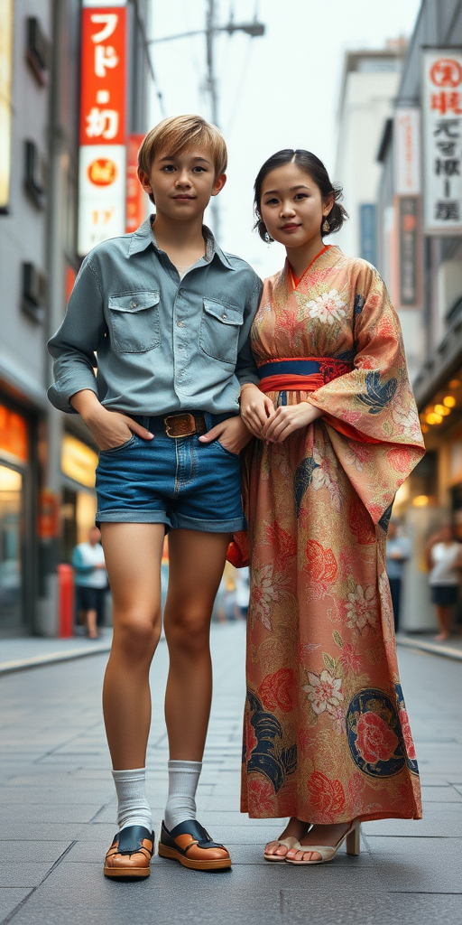 A blond 13yo teen boy, wearing shirt, denim tight booty shorts, tube socks, shoes, long legs, narrow thighs. With a beautiful girl wearing floor long kimono. full-length view. In Tokyo. 1980s. 
photorealistic, ultra high resolution, 16K,
Negative: grainy, blurry, bad anatomy, extra limbs, watermark.