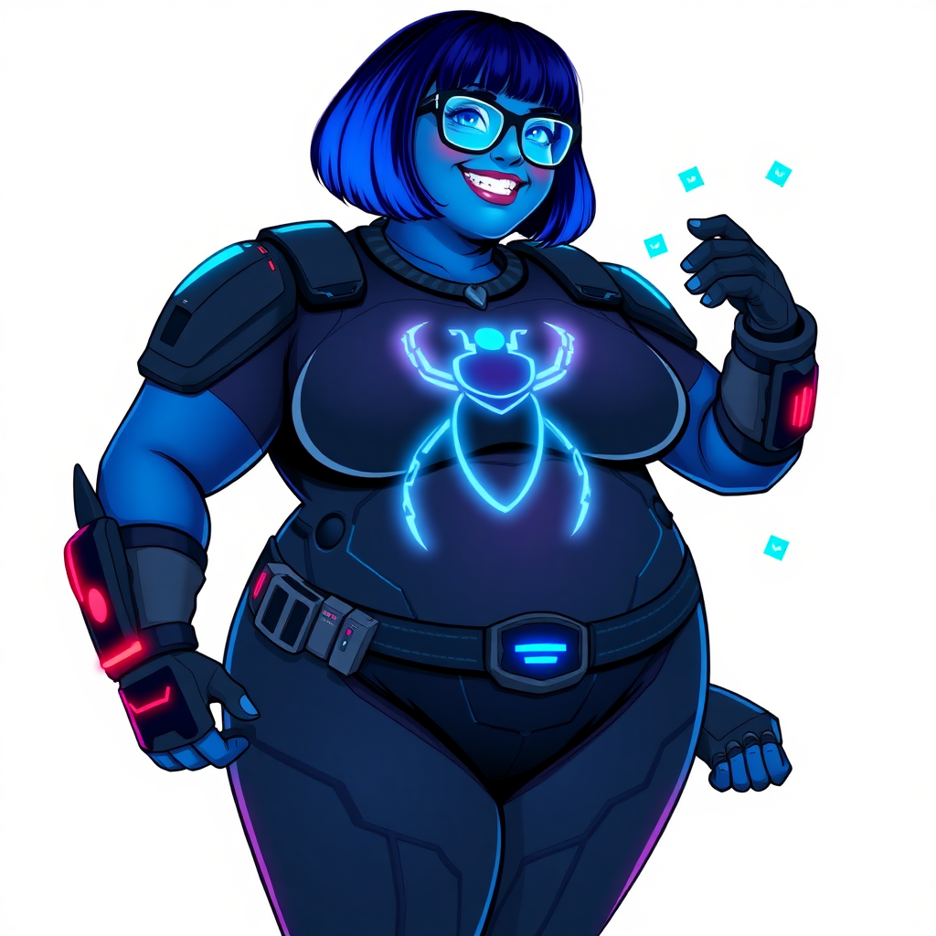 A 29-year-old full-figured computer science major, now transformed into a full-figured, nerdy digital sidekick for her cyberpunk vigilante boyfriend, with maximum blue skin. Her bob cut seamlessly blends with her skin, appearing to merge together as computer data, and her neon blue eyes glow intensely. Her full figure is defined by a prominently round gargantuan midsection, sequoia-sized limbs, and broad shoulders. As a loyal and supportive sidekick, she plays a crucial role in their missions, using her digital skills to assist and protect.

She wears a digital, computerized bodysuit which blends with her hair and skin (appearing to merge together like computer data), all are colored maximum blue. The bodysuit has a glowing neon blue beetle chest icon, along with matching high-tech gloves. She bashfully giggles with a neon red blush, emitting neon blue data cubes from her body, set against a solid white background. Heavily pampered by her doting boyfriend, her full figure (especially her prominently round gargantuan midsection) clearly shows this care. She has the ability to hack into computers and machines, and her nerdiness is blatantly obvious with her black oversized eyeglasses. Her full figure (especially her prominently round gargantuan midsection) is prominently displayed and heavily emphasized. Her outfit is influenced by DC’s Jennifer Knight Phantom Lady but remains distinct. She is drawn as if she was in a retro 2D cyberpunk fighting game. Ensure her skin color is distinct from Inside Out's Sadness and any other character. Ensure her midsection is round and her proportions are bloated to emphasize her figure.