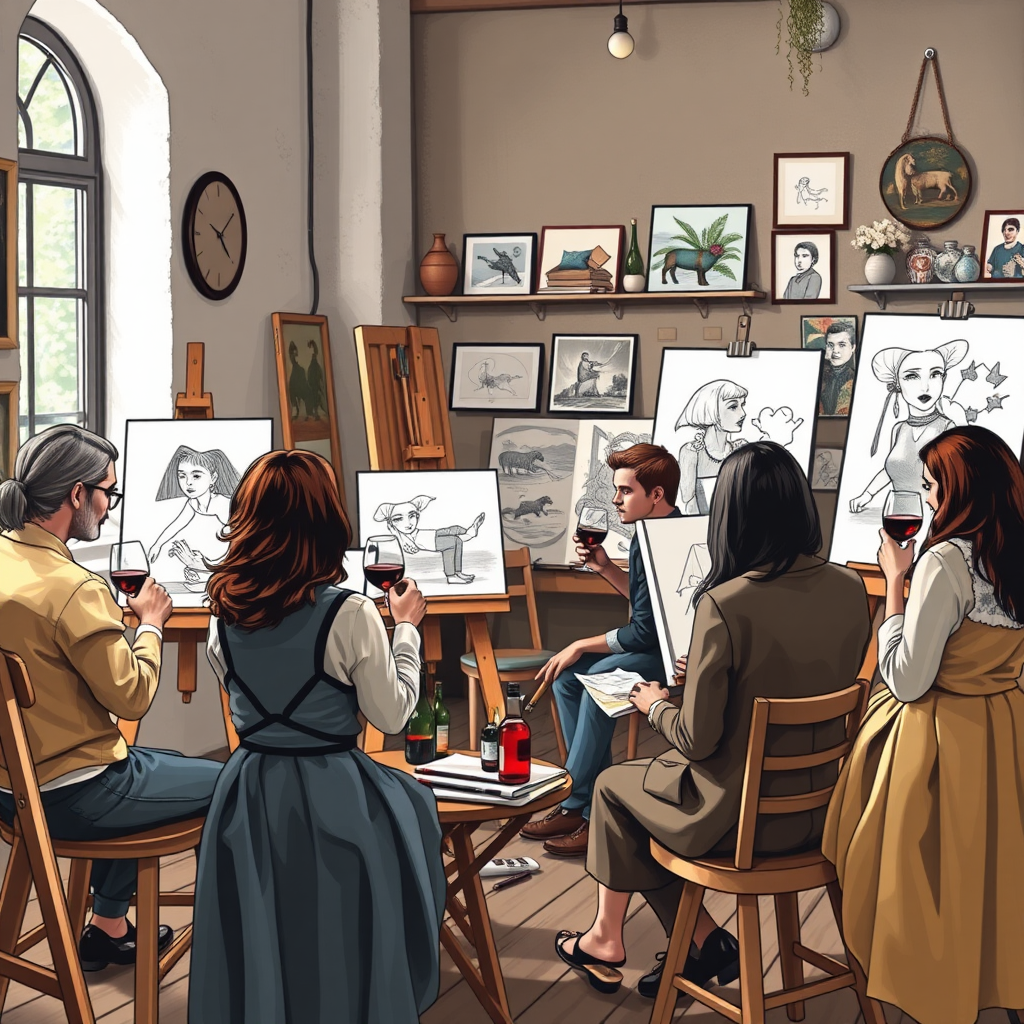 create a photo realistic image of a group of people sitting in an art studio. Each one of them is drawing a picture while some of them drink wine while they are painting. Make the image rectangle and not square