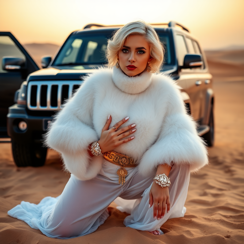 Kuwait desert dunes misty dawn, full size luxury SUV: Melissa, European 17 years old very convincing femboy “trophy-bimbo”, tamed servile docile, very beautiful feminine flawless face, rather short, by hormones very curvaceous womanly figured, platinum blond short tight curls, bold red lips, long white French nails, heavily made-up face, wearing Supertanya-style fluffy very fuzzy bright white angora turtleneck-poncho cropped ending under bust decorated with pearls and glass stones, striking oriental wide gold bridal protection belt, white fully transparent harem pants, full Oriental bridal jewelry including headpiece, nose-ring, coin wristlets, coin anklets, striking diamond “Bimbo” letter brooch on left chest, thick heavy pearl wristlets, pout frustrated, kneeling in sand in front of SUV, looking at camera. Focus on face and turtleneck-poncho.