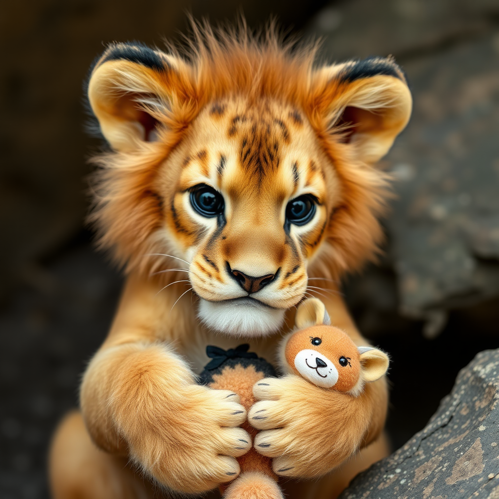 Lion cub holding a Russian made toy