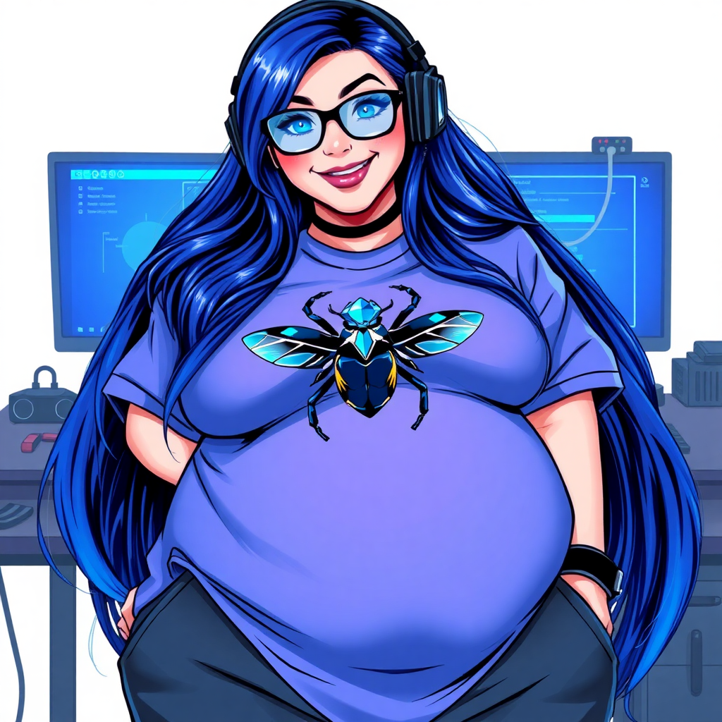 A cyberpunk vigilante's 28-year-old computer science major nerdy, full figured, heavily pampered computer hacker and tech-wiz girlfriend with long, maximum blue hair. She wears maximum blue lipstick and has bright blue eyes. Her outfit includes an oversized maximum blue t-shirt (accentuating her gargantuan midsection) featuring a maximum blue gemstone beetle chest emblem. She sports black eyeglasses, black sweatpants, a sapphire headset with a maximum blue lensed HUD, with a beaming smile and neon red blush. Her full figure (especially her gargantuan midsection) shows the heavy extent of her doting pampering. As her boyfriend's tech-wiz, she primarily works in his hideout, operating from her workbench and her computer desk. The background is solid white. She has a prominent, round, gargantuan midsection. She is drawn as if she was in a retro 2D cyberpunk fighting game.