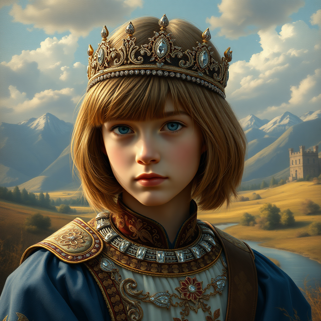 16yo teen boy prince, long bob cut, embroidered with gold and diamonds medieval cloths, diamond diadem, and Beautiful War. Free style by FLUX photorealistic. The background is in the style of landscape style by Antonio del Polaiolo, Generating the signature at the bottom: Viva FLUX & Bach, ultra high resolution, 16K,