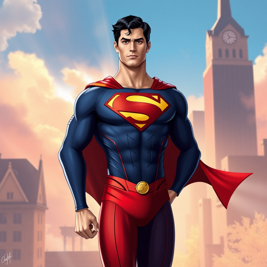 "Generate a full-length image of Superman, utilizing Elastigirl's female figure. Maintain Superman's head, hairstyle, and facial features. Merge Superman's primary costume with Elastigirl's costume embellishments, adjusting it to fit the new proportions. Design the background blending elements inspired by both characters."