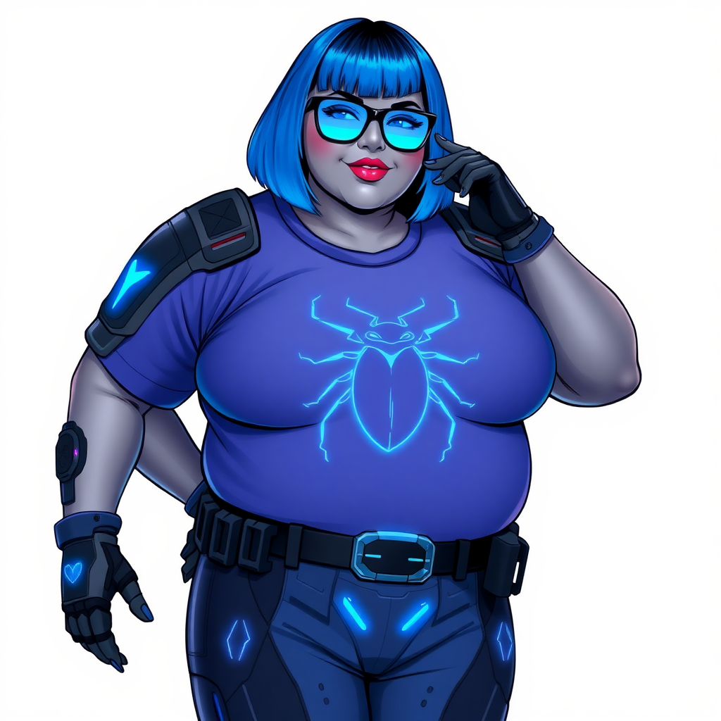 A 28-year-old, full-figured, metallic middle gray skinned computer program hybrid with a vibrant maximum blue bob cut. She has a non-athletic build, highlighted by a prominent, round, large midsection (fully emphasizing her round large belly) while being covered by her large t-shirt, reflecting her new junk food eating habits influenced by her boyfriend. As the full-figured, nerdy, digital sidekick to her cyberpunk vigilante boyfriend, her middle gray metallic skin and maximum blue lipstick underscore her digital essence. She dons a digital, computerized outfit: a large, tight-fitting, high-tech, maximum blue t-shirt with neon blue glowing beetle themed accents complete by a giant neon blue glowing beetle icon on the chest, hi-tech shoulder pads with neon blue accents, a black hi-tech belt with a digital sapphire beetle buckle, digital maximum blue pants with neon blue accents, and black hi-tech gloves with neon blue glowing accents. Her neon blue glowing eyes, black eyeglasses with neon blue lenses equipped with a built-in HUD, and shy smile with neon red blush highlight her nerdiness. She stands bashfully with one hand behind her back and the other gently touching her cheek, her outfit covering all her bare skin and fully emphasizing her full-figured physique (especially her large belly). She is clearly non-athletic, with a heavy focus on her full-figured physique (with full emphasis on her large belly). Despite her build, she radiates beauty. Her slim face contrasts with her physique, accentuating her radiant beauty. She is set against a solid white background. She is drawn as if she were in a retro 2D cyberpunk fighting game.