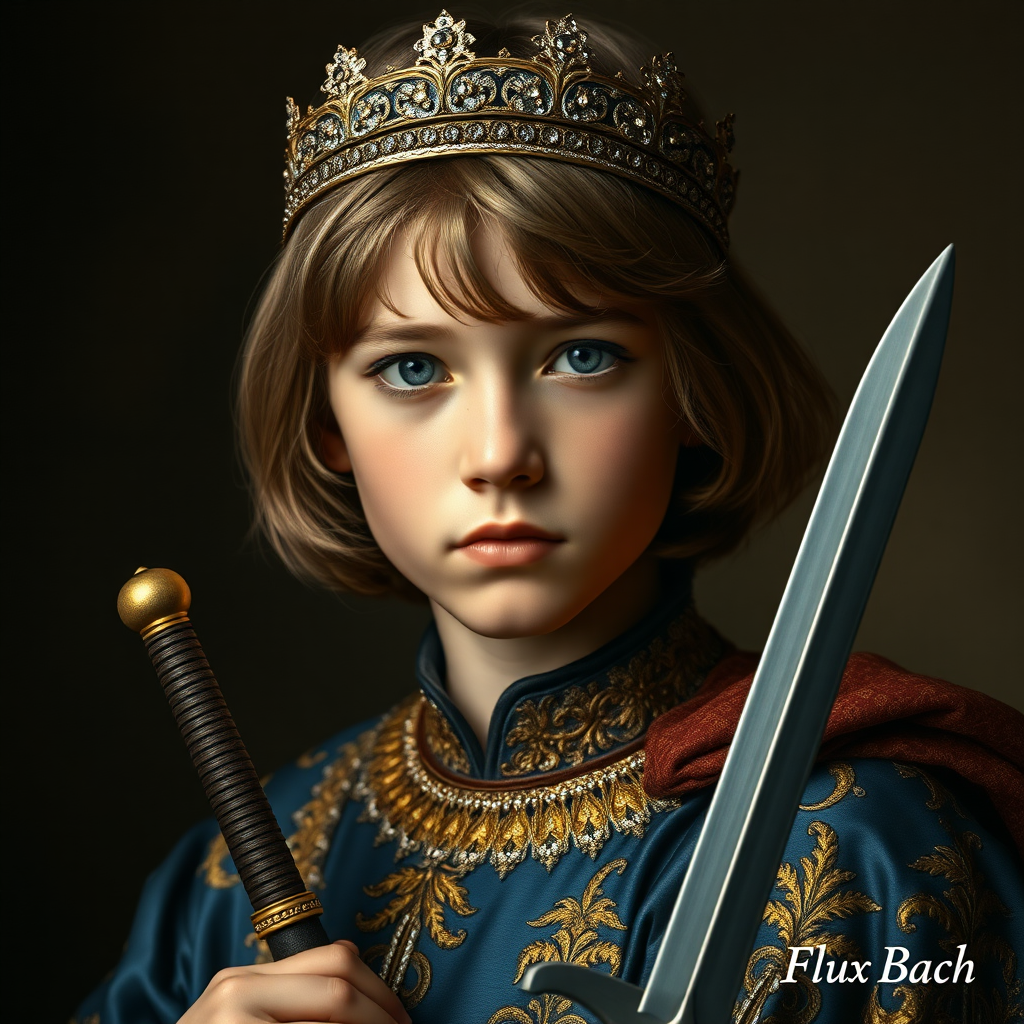 16yo teen boy prince holds his small sword in his right hand by the hilt, long bob cut, embroidered with gold and diamonds medieval cloths, diamond diadem, and Beautiful War, natural Skin Texture, visualization of embossed Skin using the play of light and shadow. Free style by 50% Adolphe William Bouguereau and 15% Sandro Botticelli and 35% Otto Lomüller, The background is in the style of landscape style by Antonio del Polaiolo. Studio lighting, professional lighting. Generating the signature at the bottom: FluxBach. ultra high resolution, 16K,