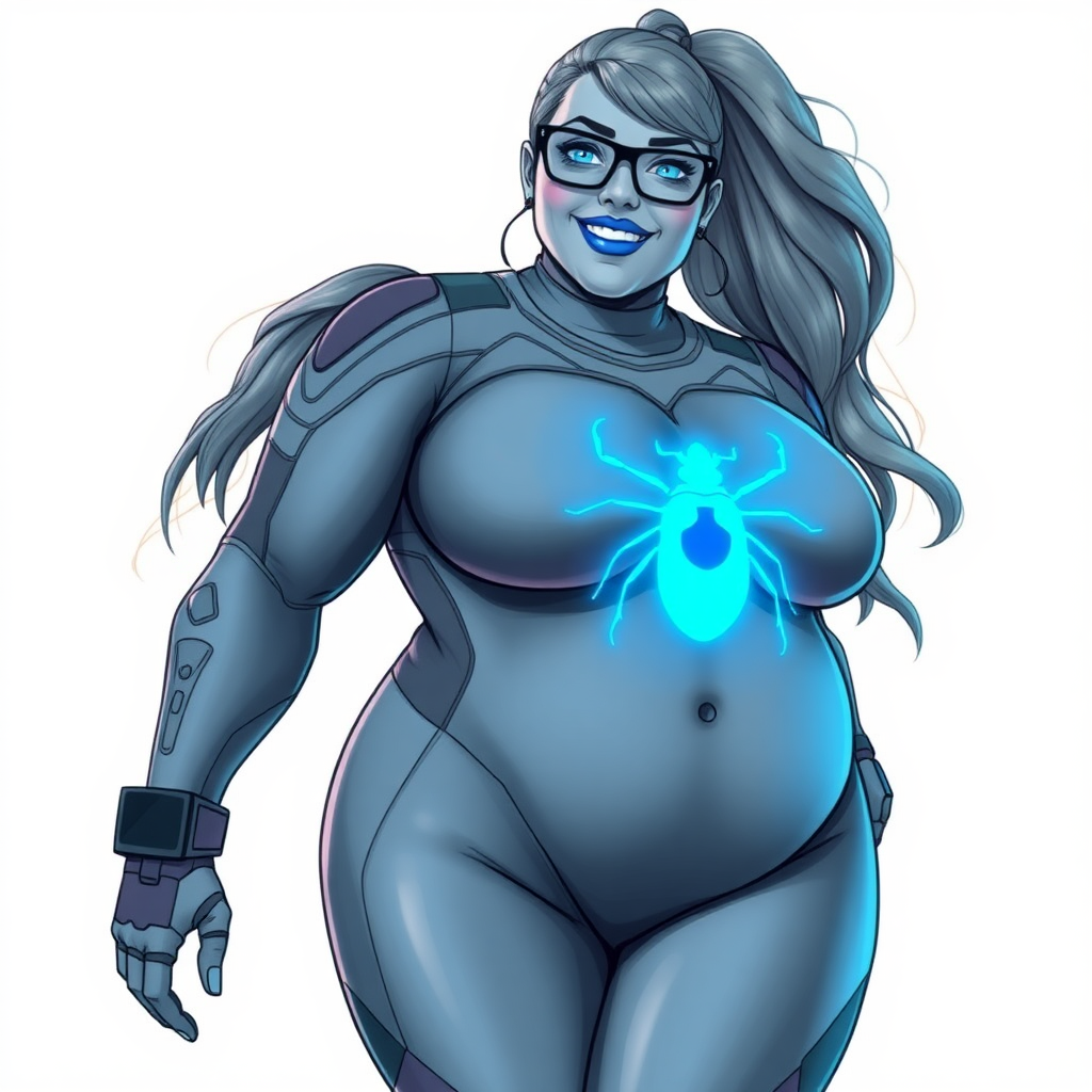 A 29-year-old computer science major embracing her new life as her cyberpunk vigilante boyfriend's nerdy, full figured middle gray skinned computer program hybrid girlfriend with a long, middle gray ponytail. She wears maximum blue lipstick and has bright blue eyes. Her outfit includes a digital, computerized, middle gray bodysuit (accentuating her gargantuan midsection) featuring a neon blue glowing beetle chest icon. She sports black eyeglasses, with a beaming smile and neon red blush. Her full figure reflects the doting care of her vigilante boyfriend. She uses her power to hack into computers and machines to serve as her hero's minicomputer operating out of his hi-tech wristwatch and supercar's supercomputer. The background is solid white. She has a prominent, round, gargantuan midsection. Her midsection is bloated, expanded, and broadened to emphasize her physique. Her middle gray metallic skin shows her digital nature. She is drawn as if she was in a retro 2D cyberpunk fighting game.