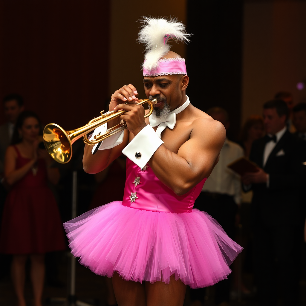 Dwayn Johnson playing a trumpet in a tutu