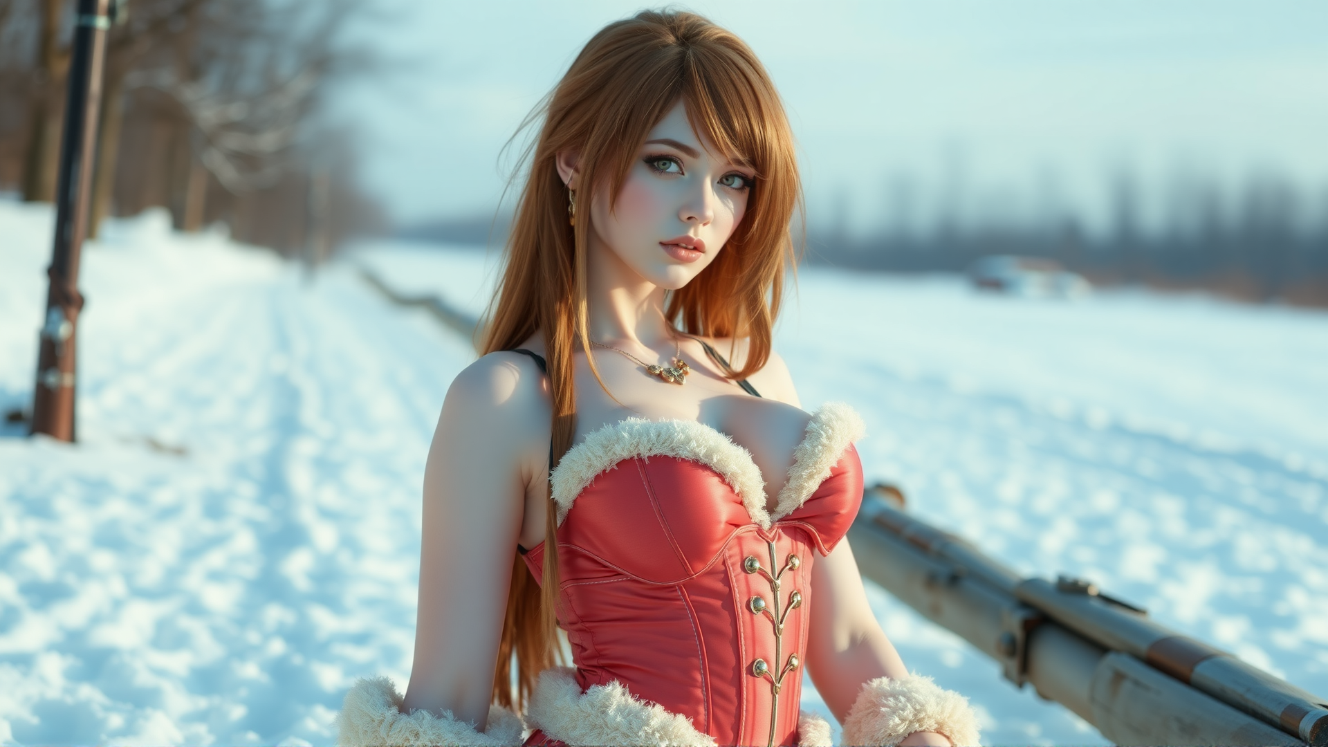 photo,1 russian beautiful girl,huge breasts,slim,white skin,24 years old,full body,outdoor,snow,cosplay,