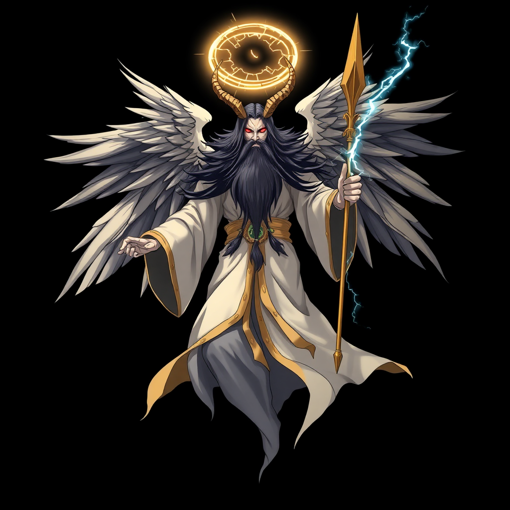 (Anime styled art) Black background of a divine yet sinister figure, floating ominously in mid-air. The being, known as YHVH/Enlil, radiates both light and darkness, with four angelic wings on top and two demonic wings on the back. A shattered halo hovers above its head, 4 golden horns, casting a fractured cracked glow. Dressed in flowing robes of white, gold, and black, the figure's long beard sways gently in the air. Its fiery ember eyes burn with a wrathful intensity, exuding a presence both holy and malevolent, he is holding a unique holy-golden-blue-lightning spear in left hand.