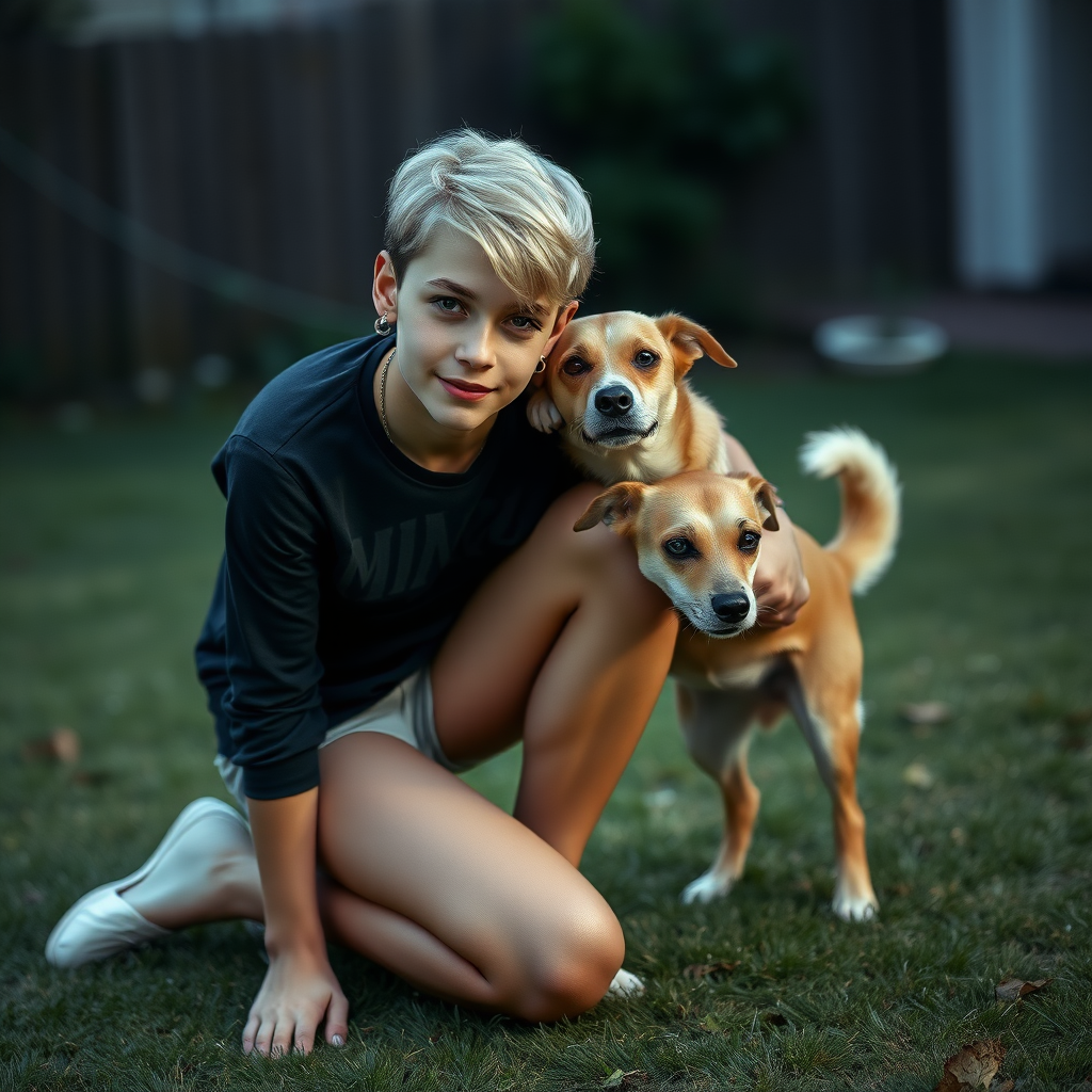 photorealistic, ultra high resolution, 16K, surreal fantasy, studio lighting, a pretty 16 year old goth male, slim male physique, short blonde hair, goth makeup, earrings, pantyhose, white ballet shoes, playing with his dog in the yard - he is kneeling forward, while the dog stands up behind him and rests its paws on the boy's shoulders, excited smile, facing the camera.