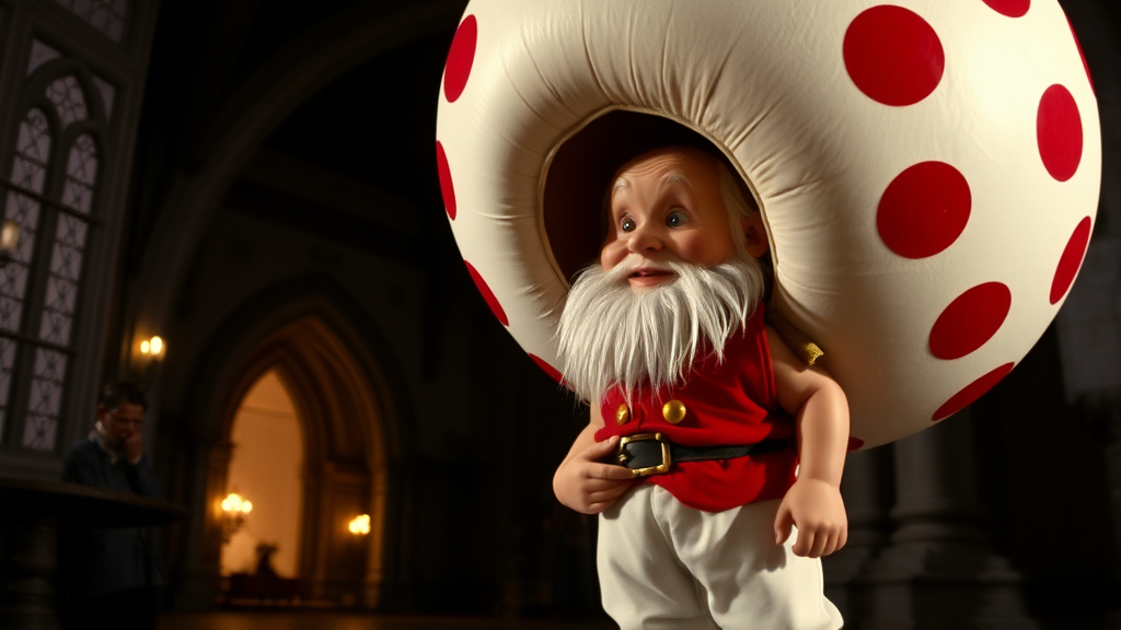 Interior. Dimly lit castle. 1980s movie. A dwarf with white pants, red vest, and very large spherical hat that is white with large red spots.