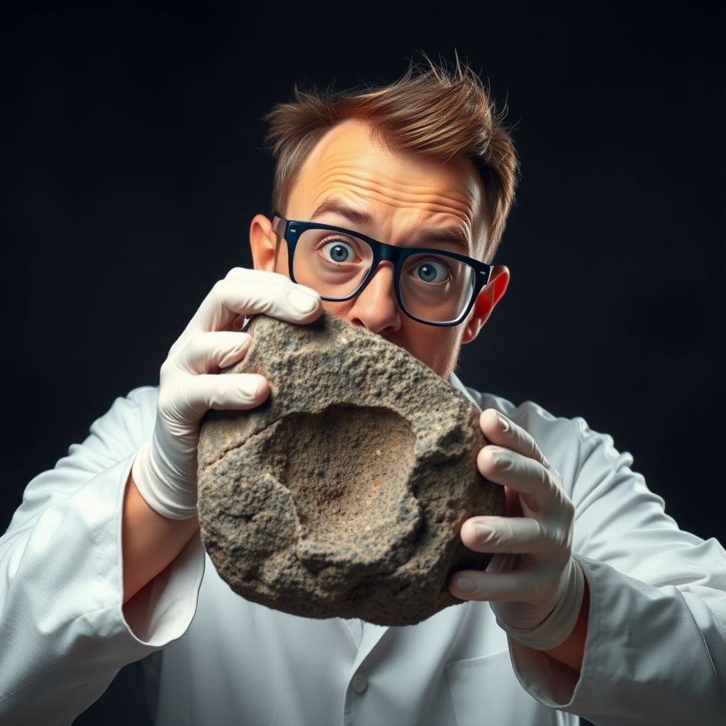 scientist looking a normal rock very curiously and overreacting, showing a lot of strong emotions