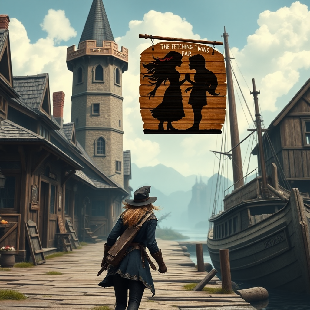 A wide distance shot of a female thief in a pastoral fantasy town. Mage tower in the background. She is fleeing from someone. Bar called "The Fetching Twins" wooden sign (consisting of a silhouette of two women leaning together for a kiss). Village of Dryden, dock with a run down ship.