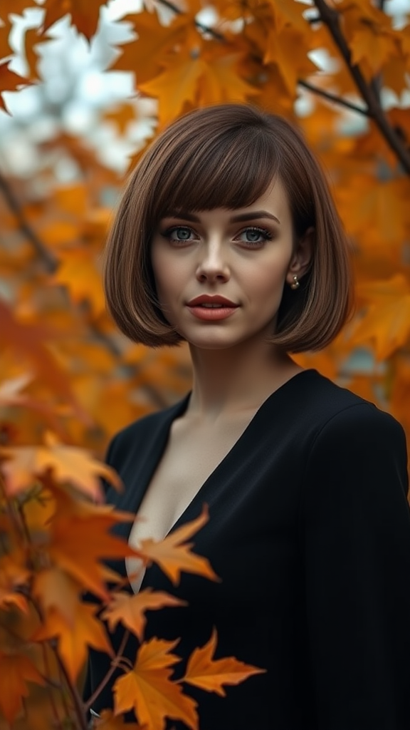 Beautiful model Anne Hathaway with a square bob haircut, surrounded by autumn foliage, in high definition.