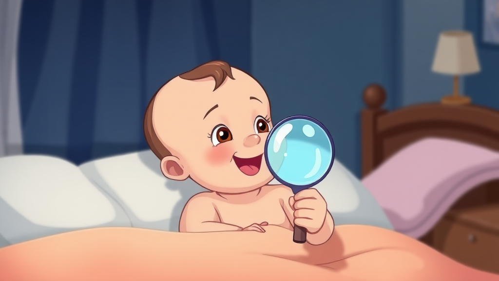 A baby holding a looking glass in hand at night on the bed, baby happy to see that. Cartoon.