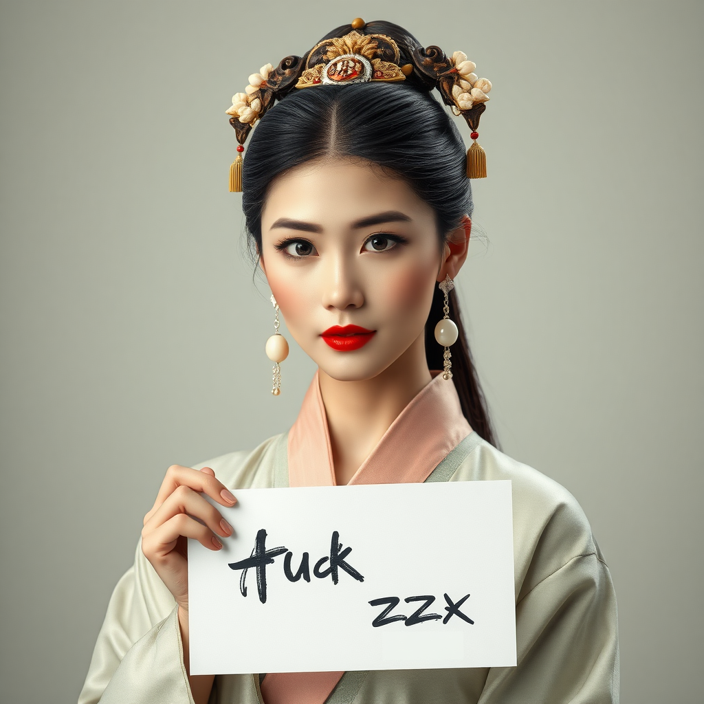 A chinese ancient woman is wearing silk shoes. On her head is tortoiseshell jewelry. Around her waist is a plain silk strap. She has earrings made of moon pearls. Her fingers are extremely slender and white, just like sharpened scallion roots. Her lips are rosy red, as if she has vermilion on them. Vividly presenting her beauty, elegance and dignity. The image should be highly realistic, with fine details and lifelike textures. The colors should be natural and vivid, enhancing the overall sense of authenticity. Holding up a sign that said fuck srzx