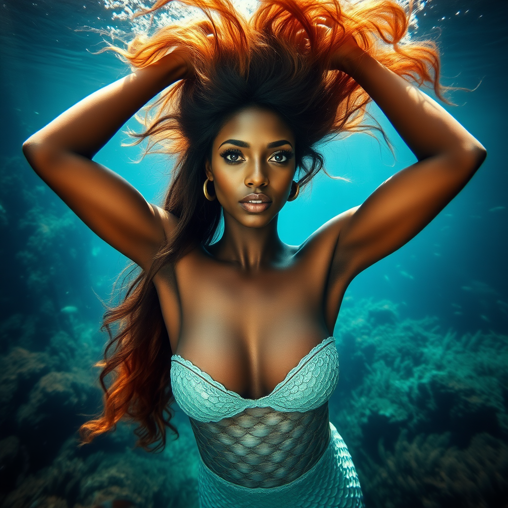 Nubian princess as a fit and trim mermaid underwater amazing loose flowing hair floating in a nimbus around her beautiful face her arms outstretched languidly over her head. she's looking directly into the viewer's eyes making intense eye contact. diaphanous gossamer. Burlesque. Stunning undersea life details plants and fish and other creatures of the sea. Impressive, shining scaled mermaid tail. Amazing HD DSLR photographic output.