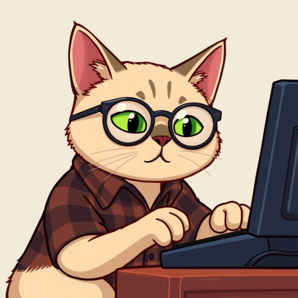 A Siamese cat playing a video game with semi-round glasses and wearing a flannel shirt in a cartoon style.