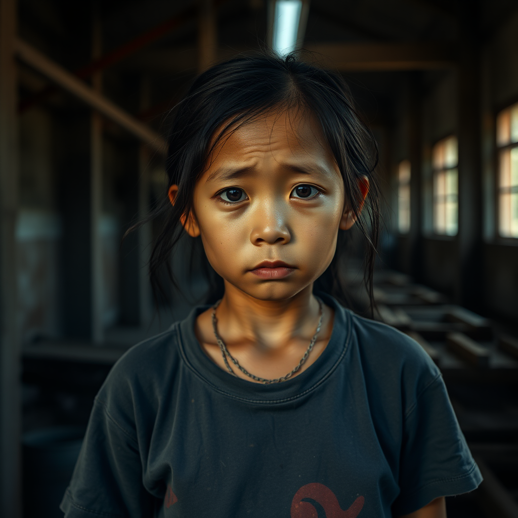 A very sad and hungry Laos Twen Girl with a very old T-Shirt in a very dark old and mystery Factory