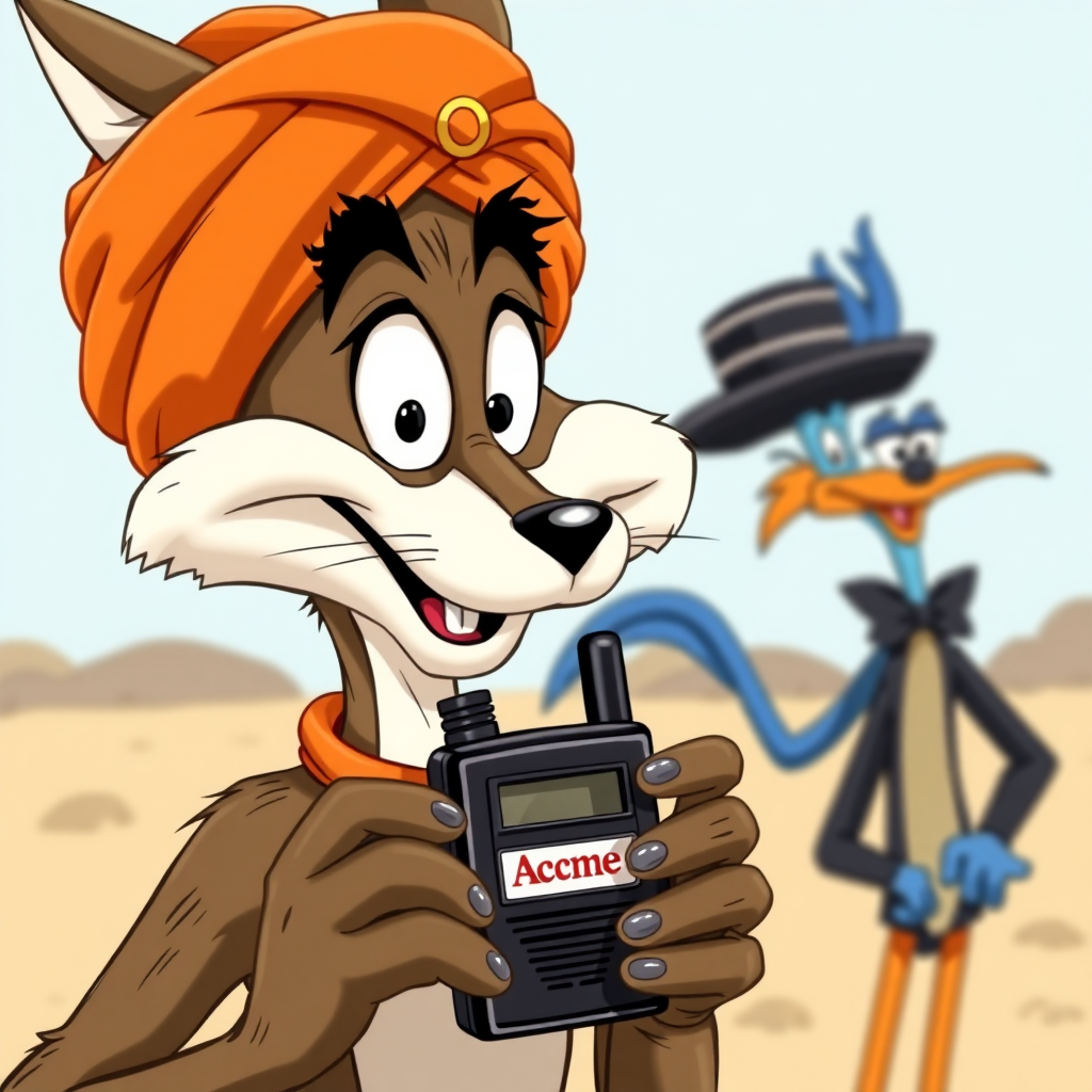 Wile E Coyote, wearing a turban, holding a black 1980's beeper that is branded Acme. Roadrunner in the background dressed in black like a hassidic jew.