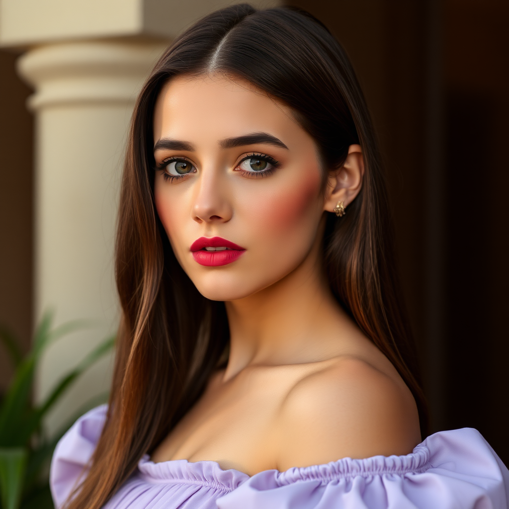 film still of the alluring, 19 year old ana de armas with long straight brown hair, red blush, pink lipstick.Wearing a off shoulder lavender puff sleeve dress.