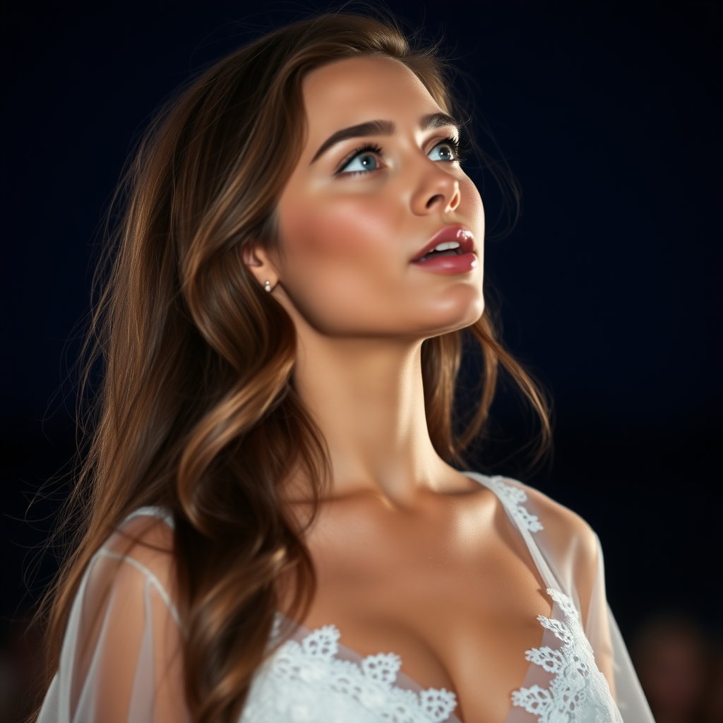 a young woman singing. long brunette hair with highlights, bright blue eyes. suntanned skin. small lips colored pale rose. looking to the side. wearing an elegant long white dress with transparent lace. view from far. night sky in background. photo